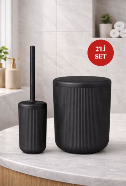 Okyanus Home Linea Siyah Çizgili Yuvarlak 2'li Wc Kova ve Fırça Seti