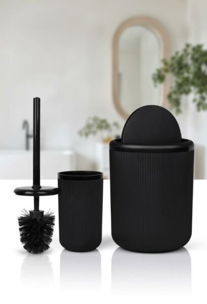 Okyanus Home Linea Siyah Çizgili Yuvarlak 2'li Wc Kova ve Fırça Seti