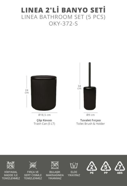 Okyanus Home Linea Siyah Çizgili Yuvarlak 2'li Wc Kova ve Fırça Seti
