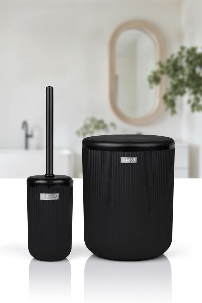 Okyanus Home Linea Siyah Çizgili Yuvarlak 2'li Wc Kova ve Fırça Seti