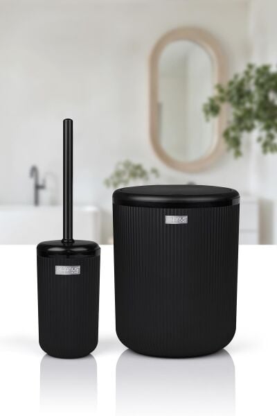 Okyanus Home Linea Siyah Çizgili Yuvarlak 2'li Wc Kova ve Fırça Seti