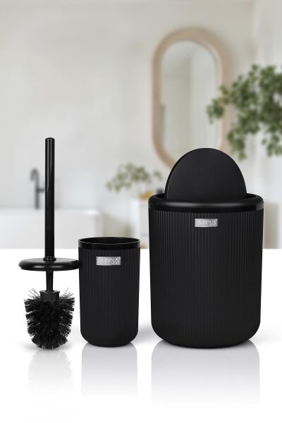 Okyanus Home Linea Siyah Çizgili Yuvarlak 2'li Wc Kova ve Fırça Seti