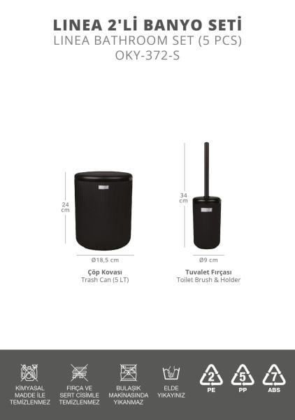 Okyanus Home Linea Siyah Çizgili Yuvarlak 2'li Wc Kova ve Fırça Seti