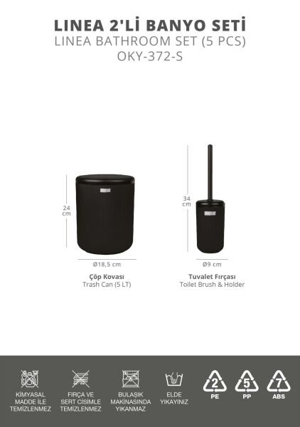 Okyanus Home Linea Siyah Çizgili Yuvarlak 2'li Wc Kova ve Fırça Seti