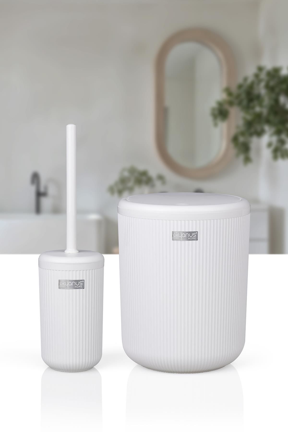 Okyanus Home Linea Beyaz Çizgili Yuvarlak 2'li Wc Kova ve Fırça Seti