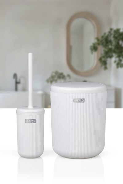 Okyanus Home Linea Kırık Beyaz Çizgili Yuvarlak 2'li Wc Kova ve Fırça Seti