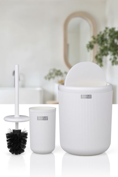 Okyanus Home Linea Beyaz Çizgili Yuvarlak 2'li Wc Kova ve Fırça Seti