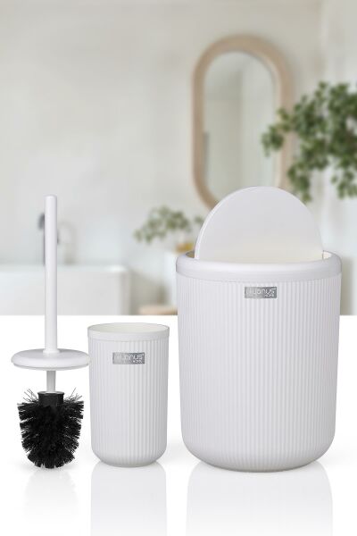 Okyanus Home Linea Kırık Beyaz Çizgili Yuvarlak 2'li Wc Kova ve Fırça Seti