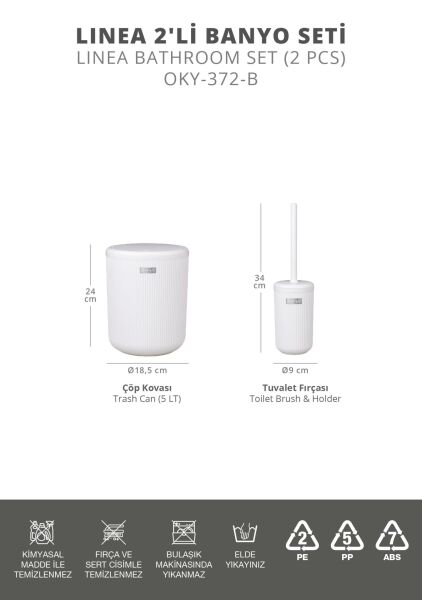 Okyanus Home Linea Kırık Beyaz Çizgili Yuvarlak 2'li Wc Kova ve Fırça Seti