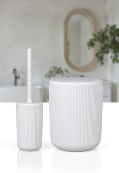 Okyanus Home Linea Kırık Beyaz Çizgili Yuvarlak 2'li Wc Kova ve Fırça Seti