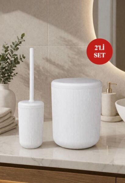 Okyanus Home Linea Kırık Beyaz Çizgili Yuvarlak 2'li Wc Kova ve Fırça Seti