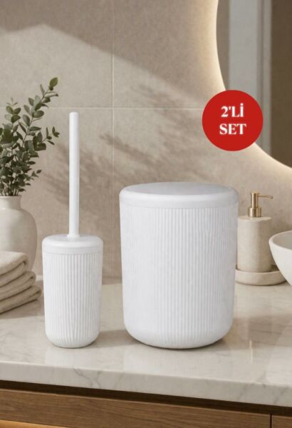 Okyanus Home Linea Kırık Beyaz Çizgili Yuvarlak 2'li Wc Kova ve Fırça Seti