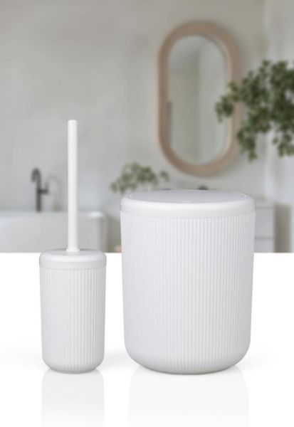 Okyanus Home Linea Kırık Beyaz Çizgili Yuvarlak 2'li Wc Kova ve Fırça Seti