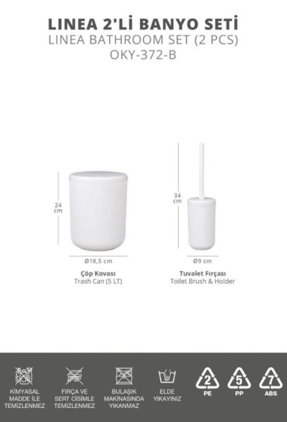 Okyanus Home Linea Kırık Beyaz Çizgili Yuvarlak 2'li Wc Kova ve Fırça Seti