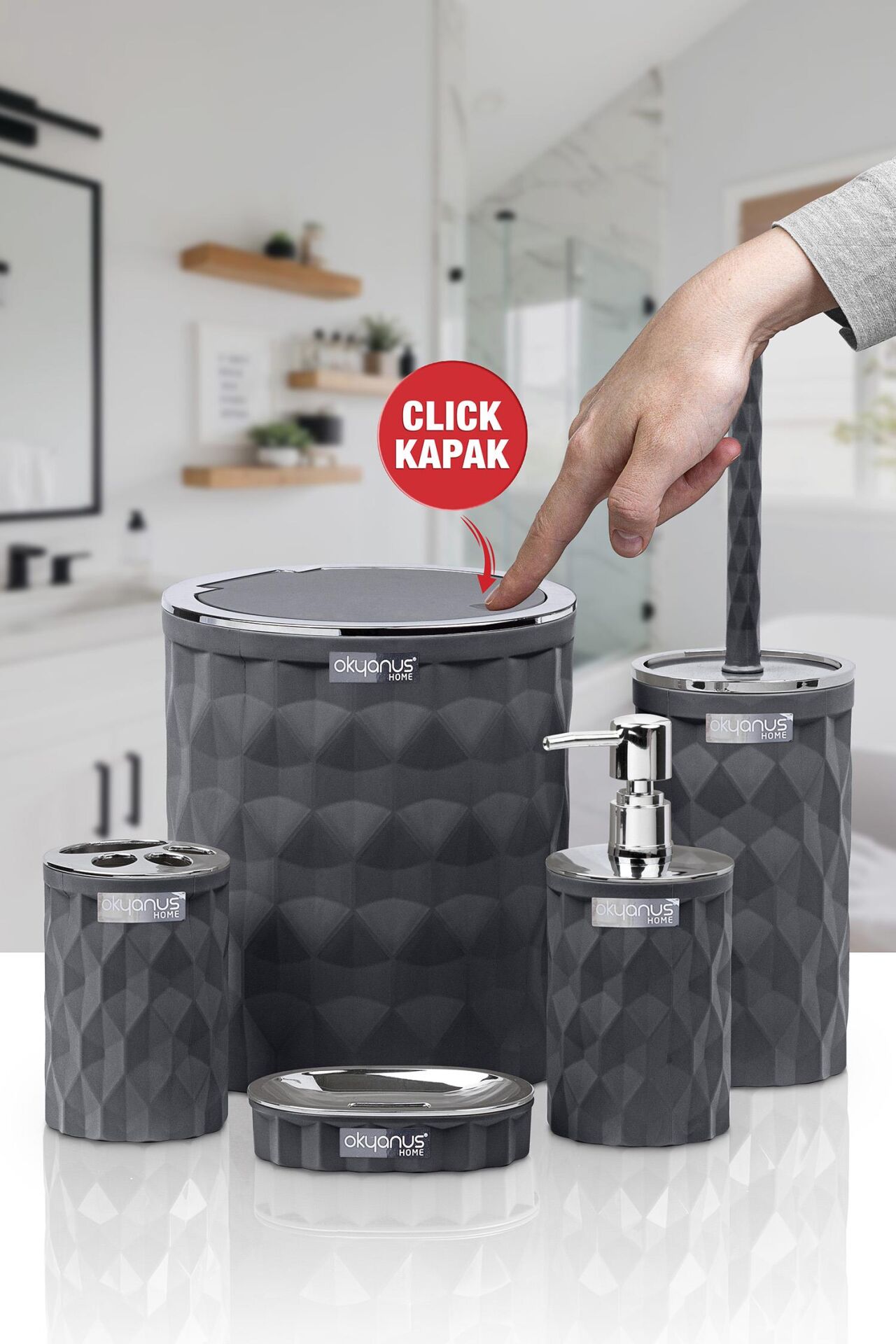 Okyanus Home Diamond Antrasit Kromlu Click Kapak 5'li Banyo Seti