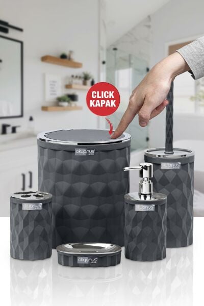 Okyanus Home Diamond Antrasit Kromlu Click Kapak 5'li Banyo Seti