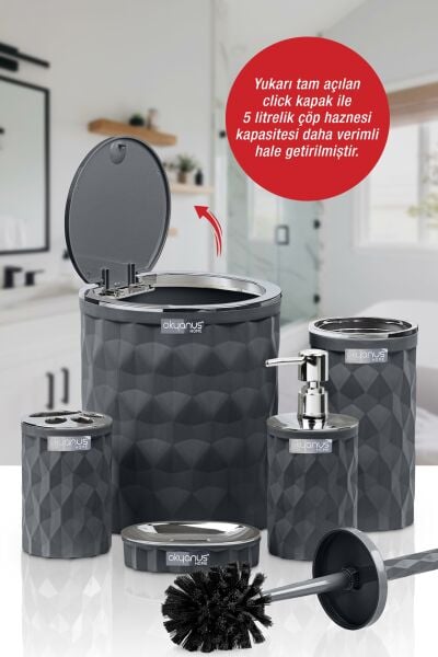 Okyanus Home Diamond Antrasit Kromlu Click Kapak 5'li Banyo Seti
