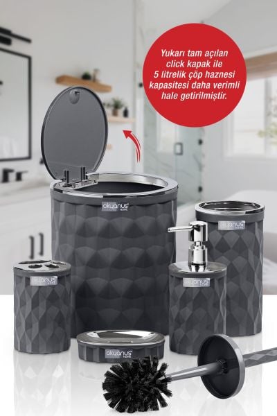 Okyanus Home Diamond Antrasit Kromlu Click Kapak 5'li Banyo Seti
