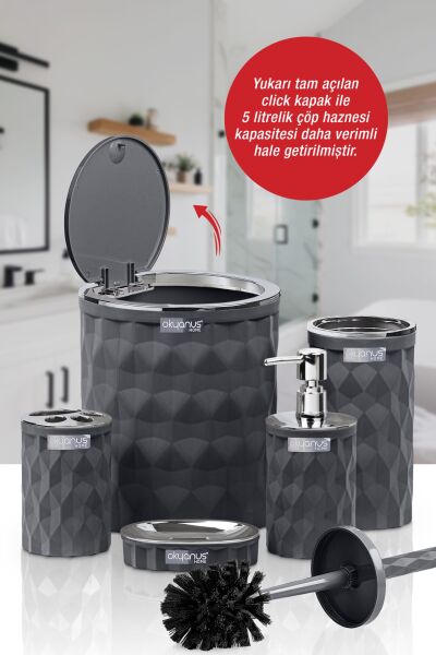 Okyanus Home Diamond Antrasit Kromlu Click Kapak 5'li Banyo Seti