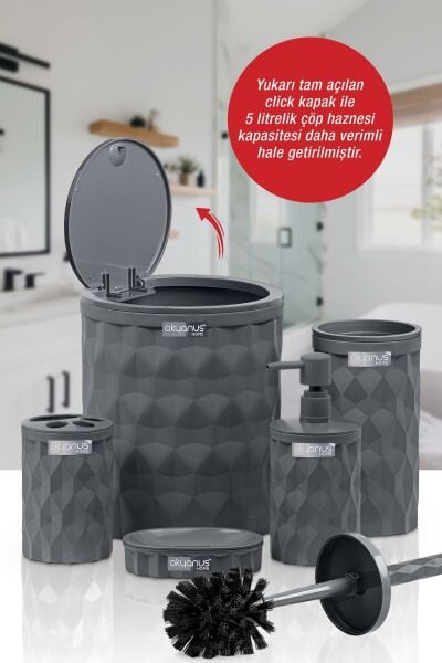 Okyanus Home Diamond Antrasit Click Kapak 5'li Banyo Seti
