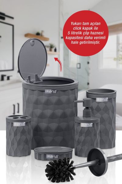 Okyanus Home Diamond Antrasit Click Kapak 5'li Banyo Seti
