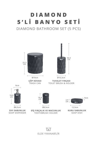 Okyanus Home Diamond Antrasit Click Kapak 5'li Banyo Seti