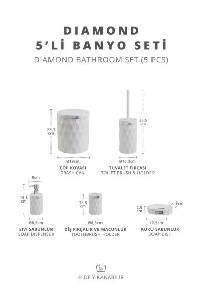 Okyanus Home Diamond Beyaz Click Kapak 5'li Banyo Seti