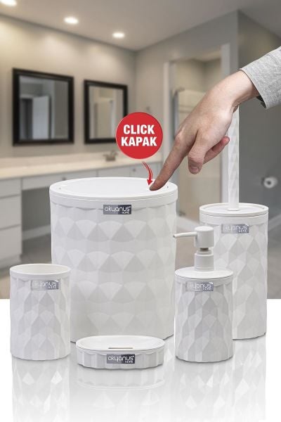Okyanus Home Diamond Beyaz Click Kapak 5'li Banyo Seti