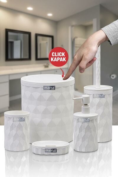 Okyanus Home Diamond Beyaz Click Kapak 5'li Banyo Seti
