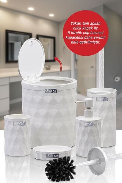 Okyanus Home Diamond Beyaz Click Kapak 5'li Banyo Seti