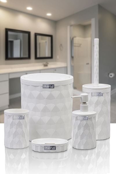 Okyanus Home Diamond Beyaz Click Kapak 5'li Banyo Seti