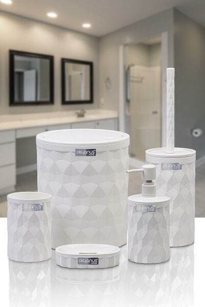 Okyanus Home Diamond Beyaz Click Kapak 5'li Banyo Seti