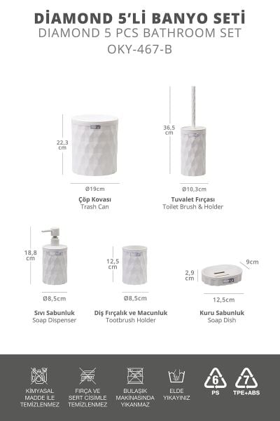 Okyanus Home Diamond Beyaz Click Kapak 5'li Banyo Seti