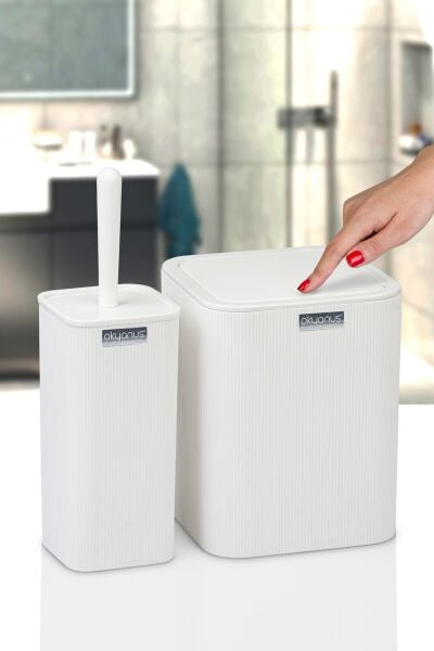 Okyanus Home Mina Beyaz Çizgili Kare 2'li Wc Kova Ve Fırça Seti