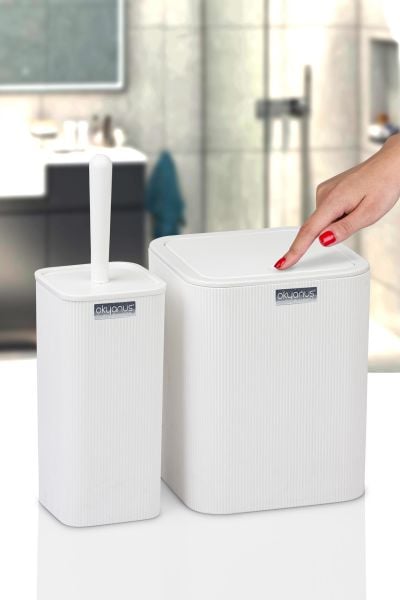 Okyanus Home Mina Beyaz Çizgili Kare 2'li Wc Kova Ve Fırça Seti