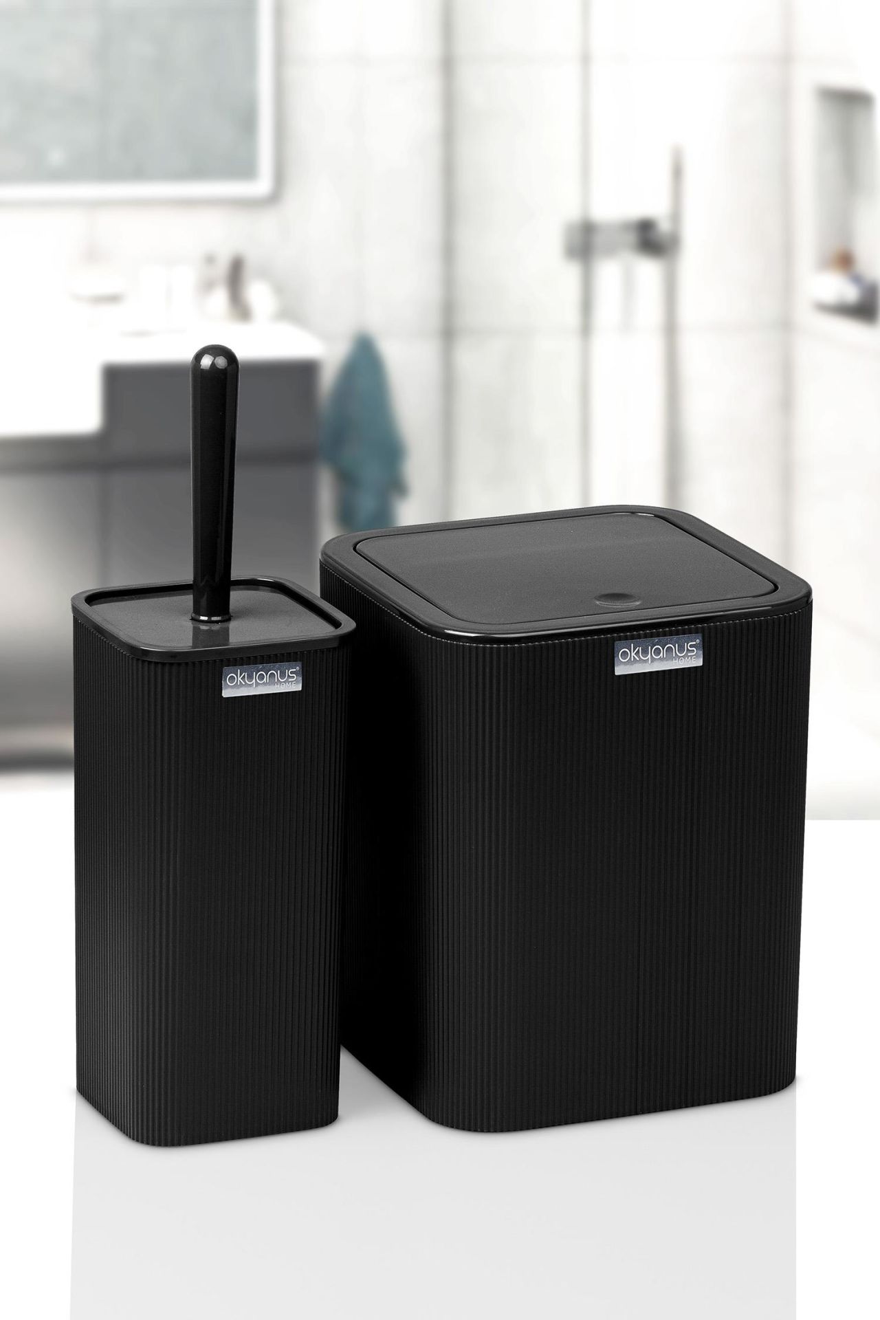 Okyanus Home Mina Siyah Çizgili Kare 2'li Wc Kova Ve Fırça Seti