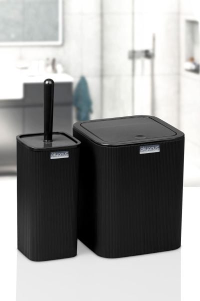 Okyanus Home Mina Siyah Çizgili Kare 2'li Wc Kova Ve Fırça Seti