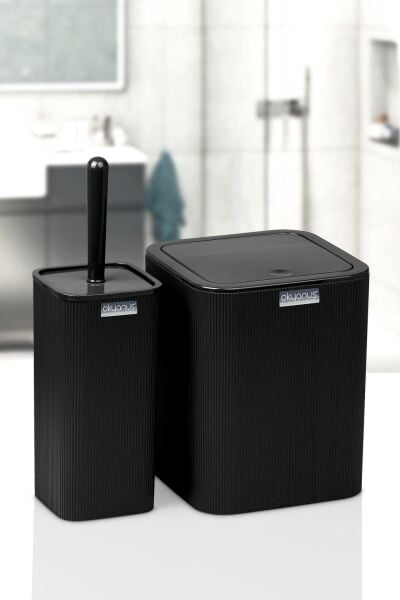 Okyanus Home Mina Siyah Çizgili Kare 2'li Wc Kova Ve Fırça Seti