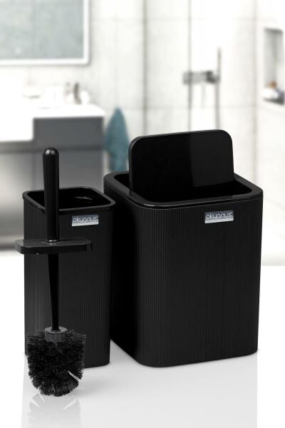 Okyanus Home Mina Siyah Çizgili Kare 2'li Wc Kova Ve Fırça Seti