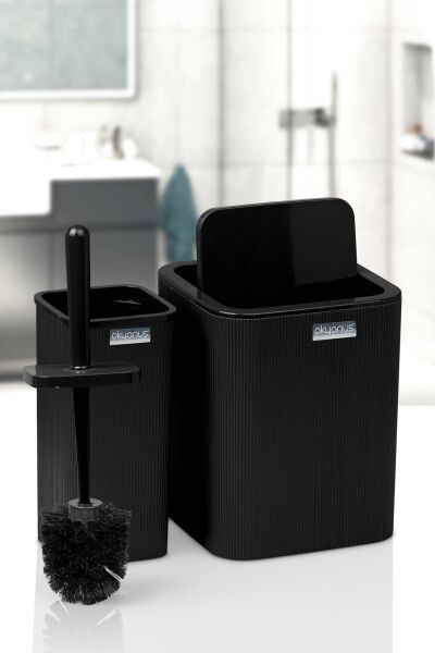 Okyanus Home Mina Siyah Çizgili Kare 2'li Wc Kova Ve Fırça Seti