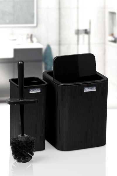 Okyanus Home Mina Siyah Çizgili Kare 2'li Wc Kova Ve Fırça Seti