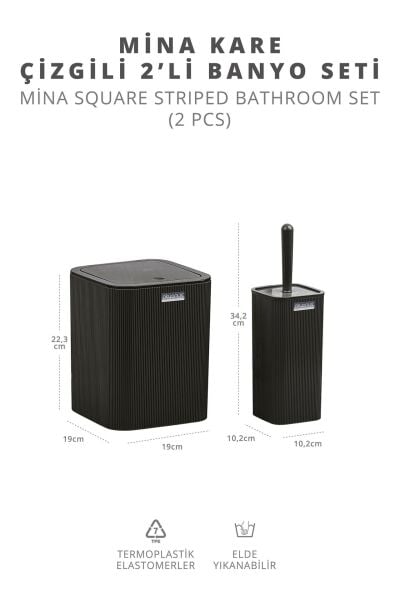 Okyanus Home Mina Siyah Çizgili Kare 2'li Wc Kova Ve Fırça Seti