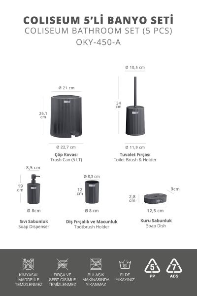 Okyanus Home Coliseum Antrasit İç Kovalı Pedallı 5'li Banyo Seti