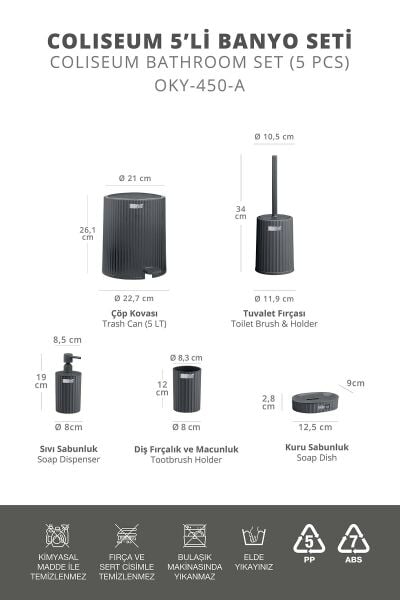 Okyanus Home Coliseum Antrasit İç Kovalı Pedallı 5'li Banyo Seti