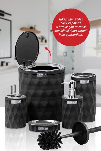 Okyanus Home Diamond Siyah Kromlu Click Kapak 5'li Banyo Seti