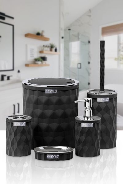 Okyanus Home Diamond Siyah Kromlu Click Kapak 5'li Banyo Seti