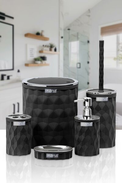 Okyanus Home Diamond Siyah Kromlu Click Kapak 5'li Banyo Seti