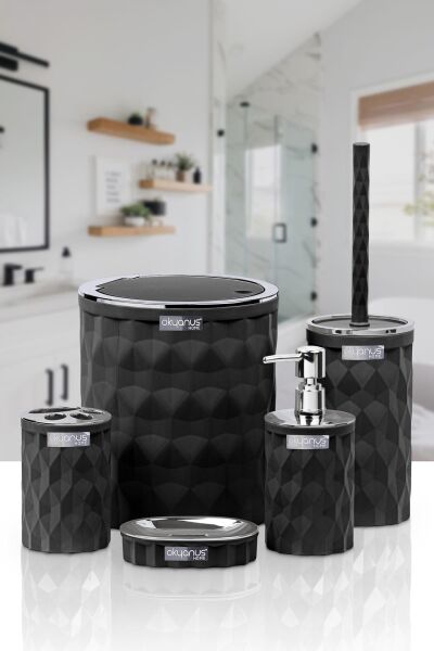 Okyanus Home Diamond Siyah Kromlu Click Kapak 5'li Banyo Seti