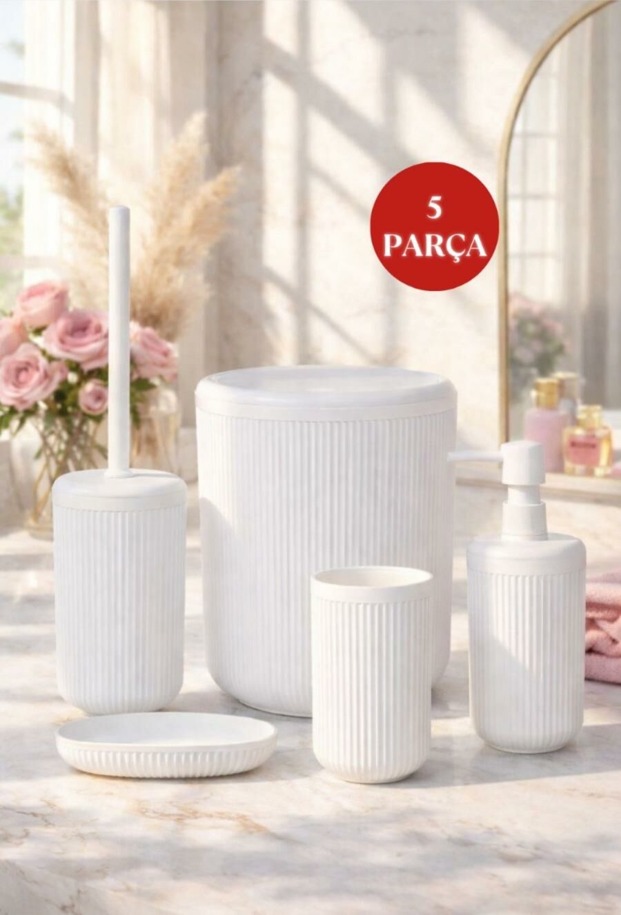 Okyanus Home Linea Beyaz Çizgili Yuvarlak Banyo Seti