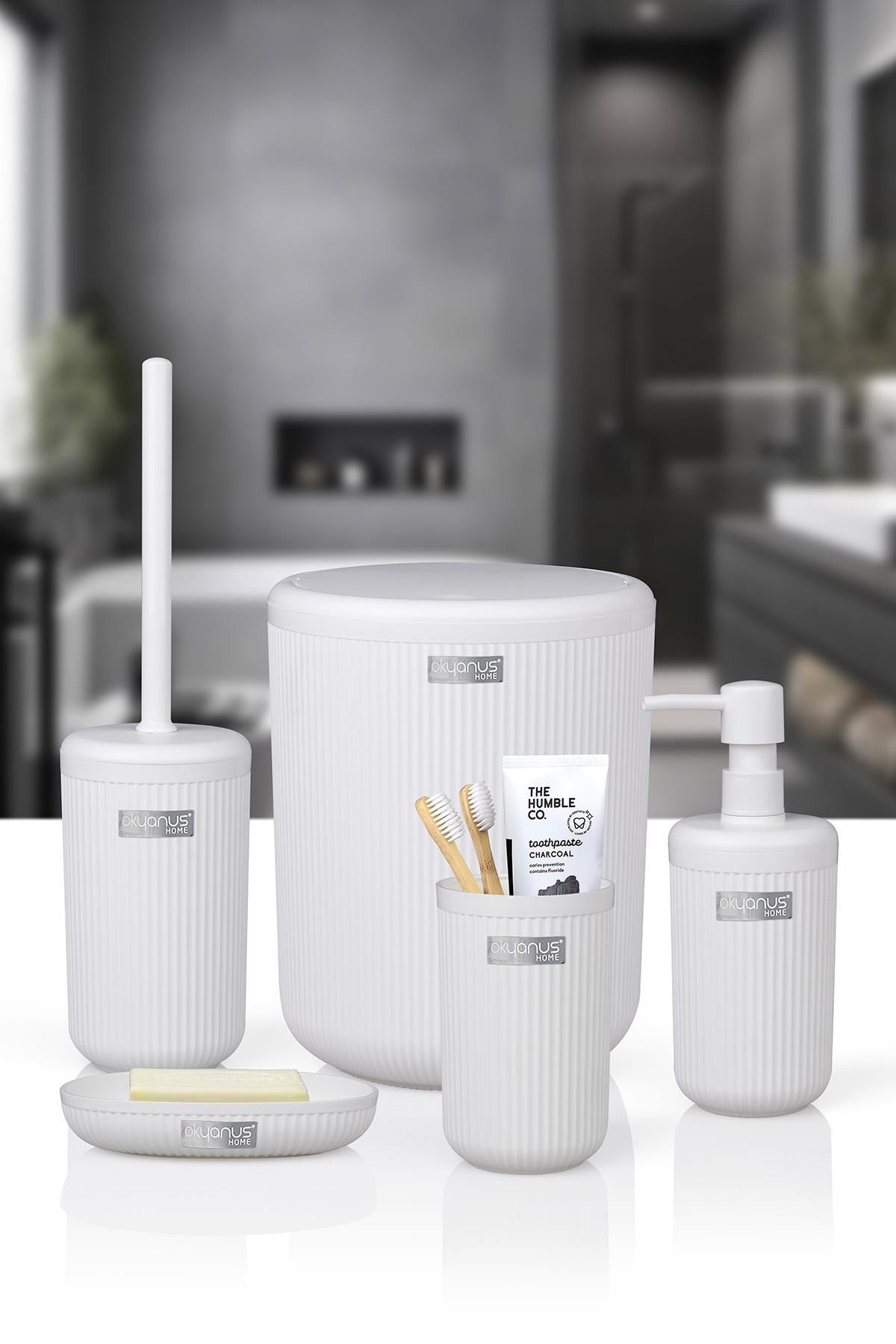 Okyanus Home Linea Beyaz Çizgili Yuvarlak Banyo Seti